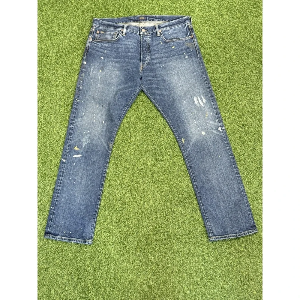Polo Ralph Lauren Varick Slim Straight Jeans 35 x 32 Blue Jean‎ Denim Distressed